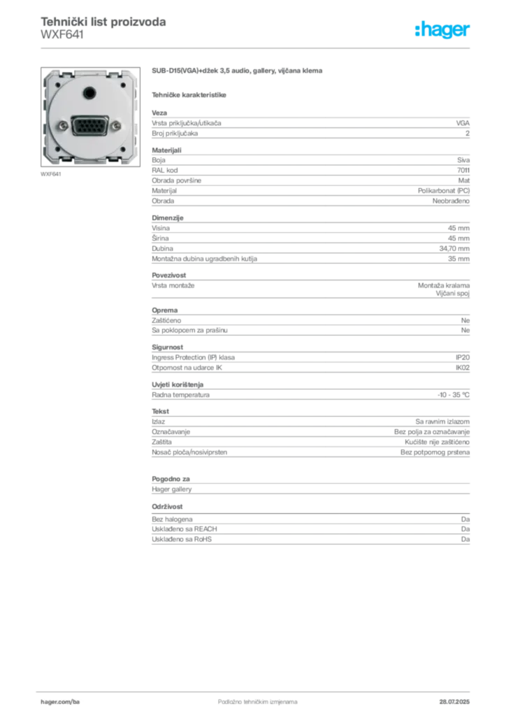 Slika Hager Product data sheet WXF641  | Hager