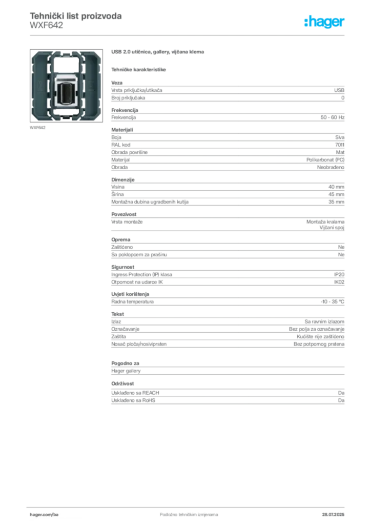 Slika Hager Product data sheet WXF642  | Hager