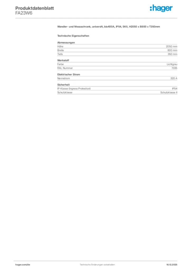 Bild Hager Produktdatenblatt FA23W6 | Hager Deutschland