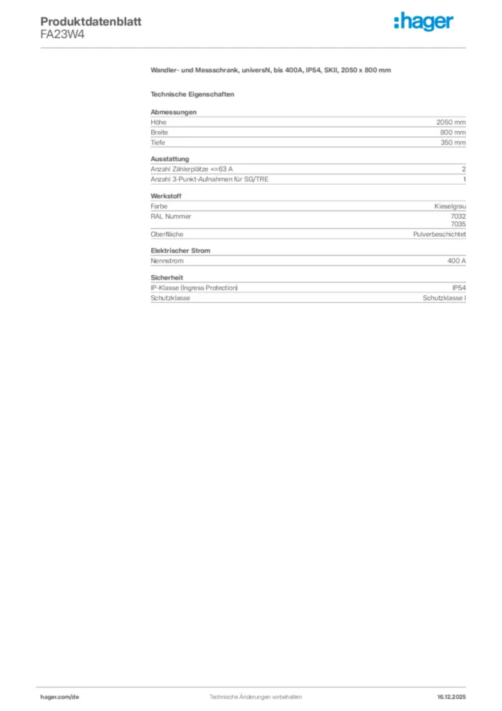 Bild Hager Produktdatenblatt FA23W4 | Hager Deutschland