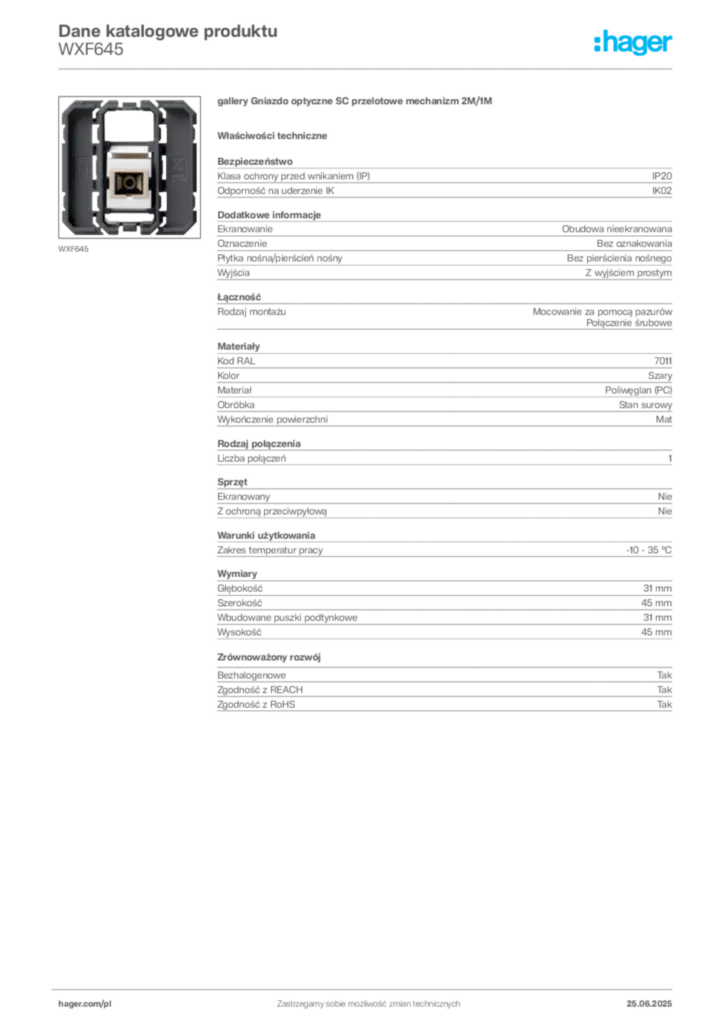 Zdjęcie Hager Karta katalogowa WXF645 | Hager Polska
