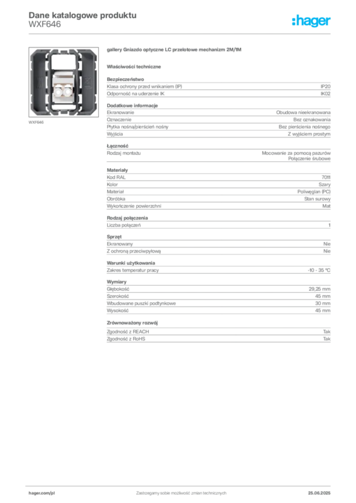 Zdjęcie Hager Karta katalogowa WXF646 | Hager Polska