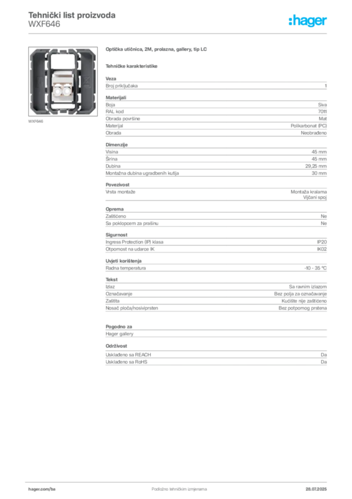 Slika Hager Product data sheet WXF646  | Hager
