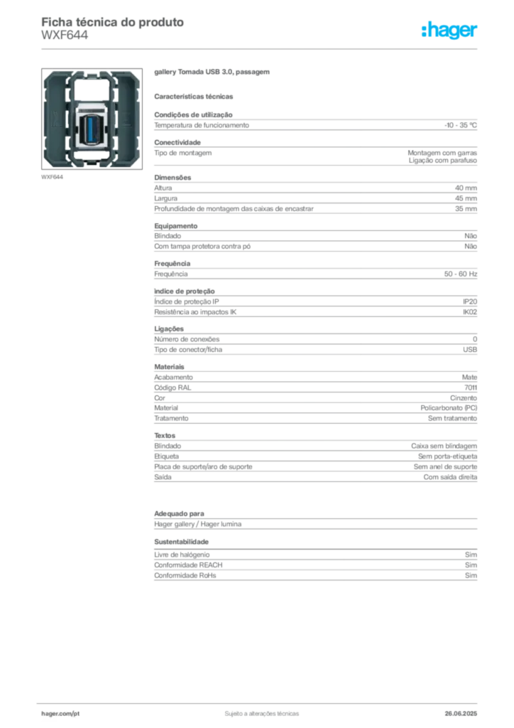 Imagem Hager Ficha técnica do produto WXF644 | Hager Portugal