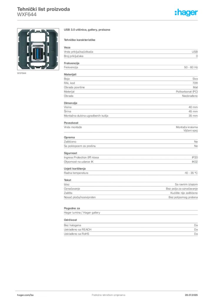 Slika Hager Product data sheet WXF644  | Hager