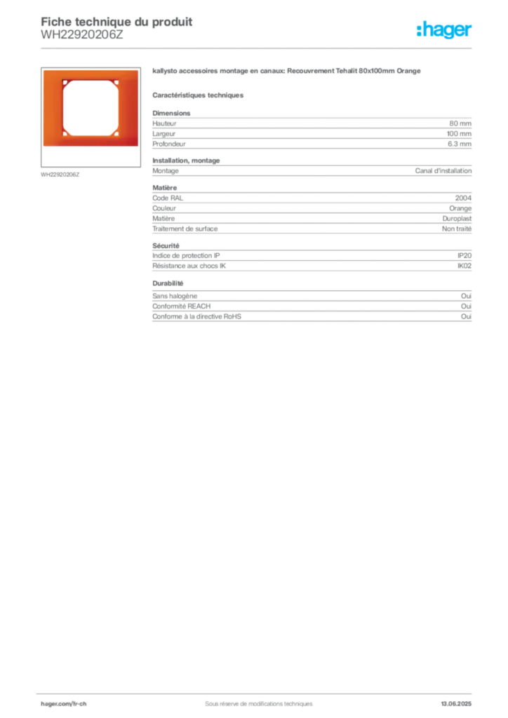 Image Hager Fiche technique du produit WH22920206Z | Hager Suisse