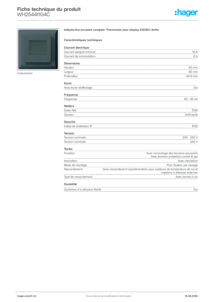 Image Hager Fiche technique du produit WH25441104C | Hager Suisse