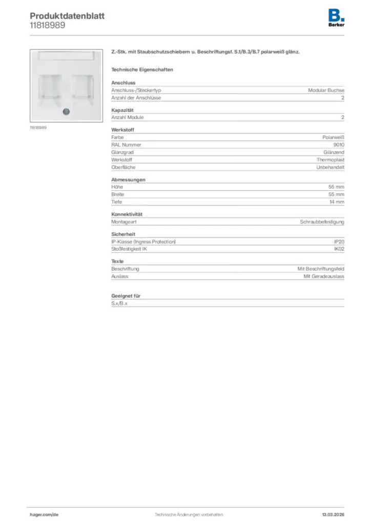Bild Berker Produktdatenblatt 11818989 | Hager Deutschland