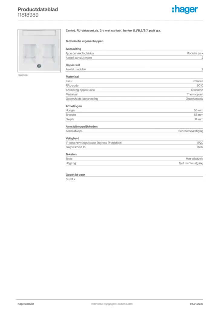 Afbeelding Hager Productdatablad 11818989 | Hager Nederland