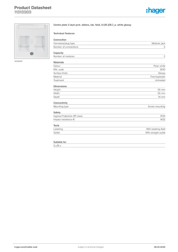 Image Hager Product data sheet 11818989  | Hager