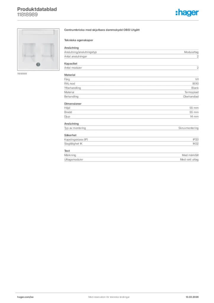 Bild Hager Produktdatablad 11818989 | Hager Sverige