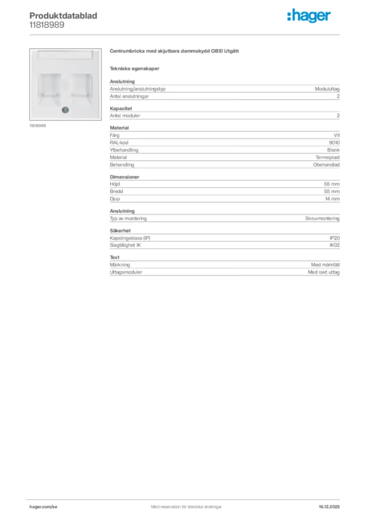 Bild Hager Produktdatablad 11818989 | Hager Sverige