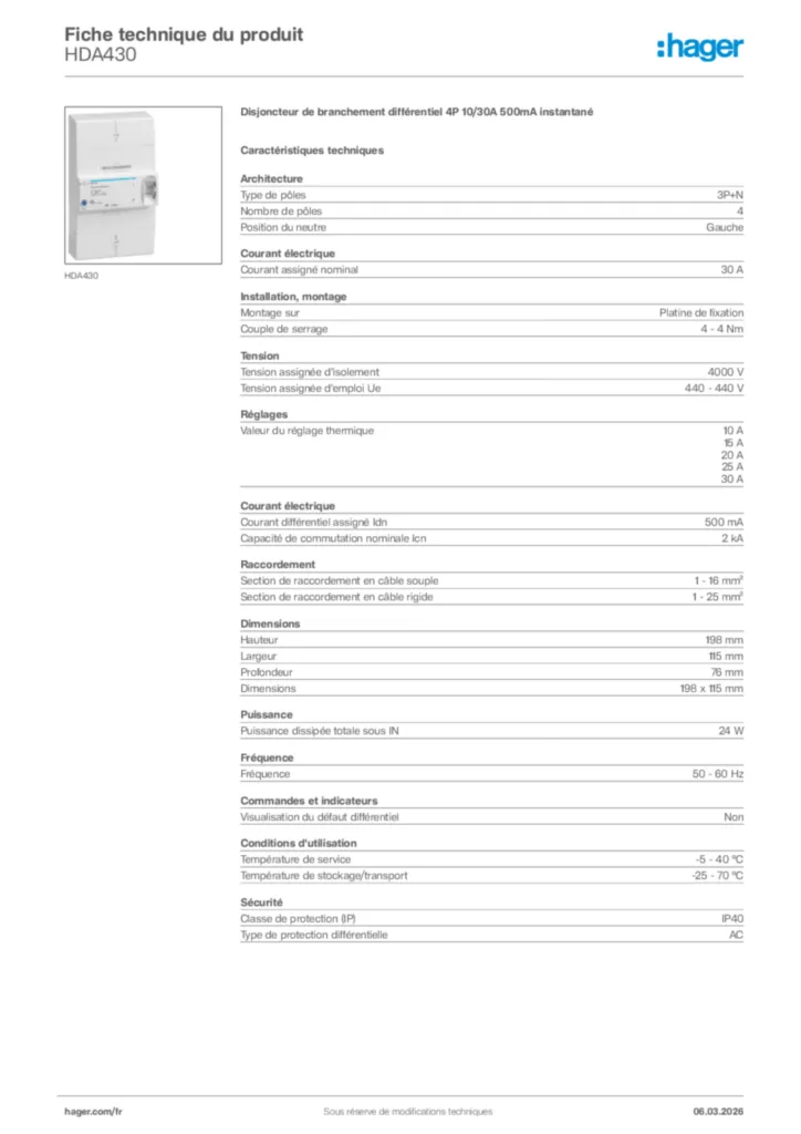 Image Hager Fiche technique du produit HDA430 | Hager France