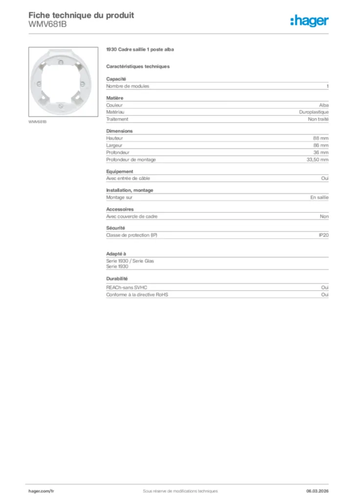 Image Hager Fiche technique du produit WMV681B | Hager France