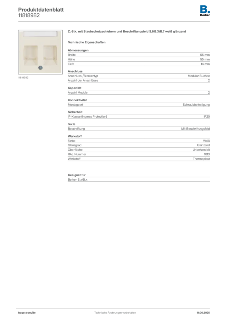Bild Berker Produktdatenblatt 11818982 | Hager Deutschland