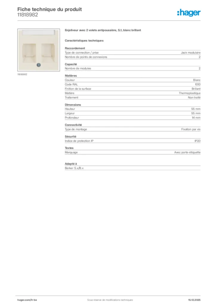 Image Hager Fiche technique du produit 11818982 | Hager Belgique