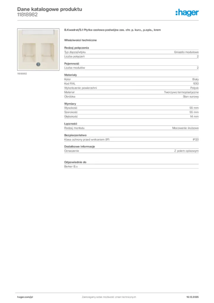 Zdjęcie Hager Karta katalogowa 11818982 | Hager Polska