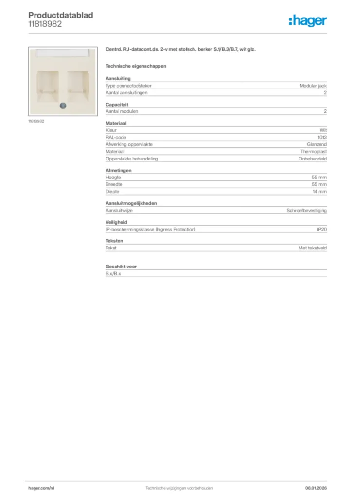 Afbeelding Hager Productdatablad 11818982 | Hager Nederland