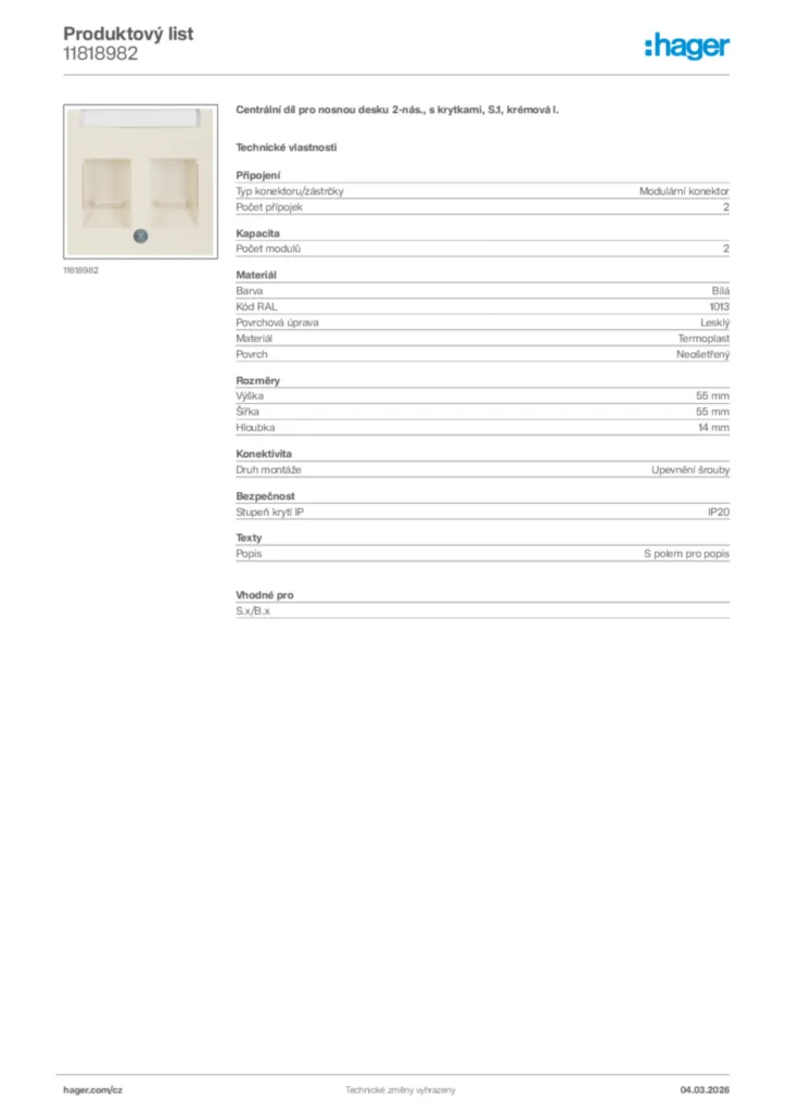 Obrázek Hager Product data sheet 11818982 | Hager