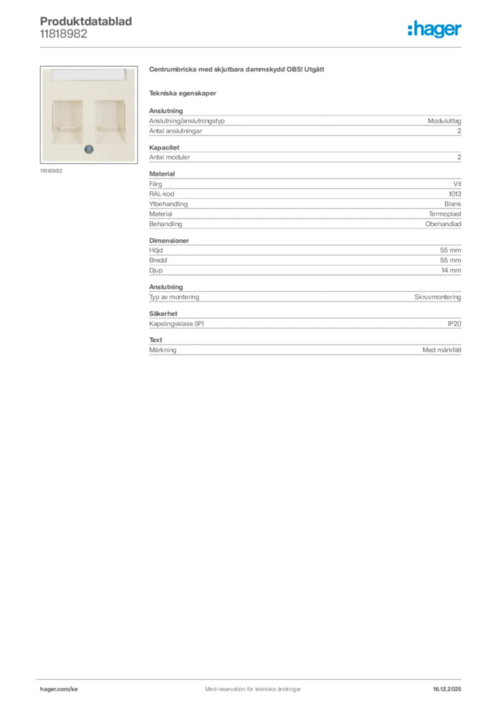 Bild Hager Produktdatablad 11818982 | Hager Sverige