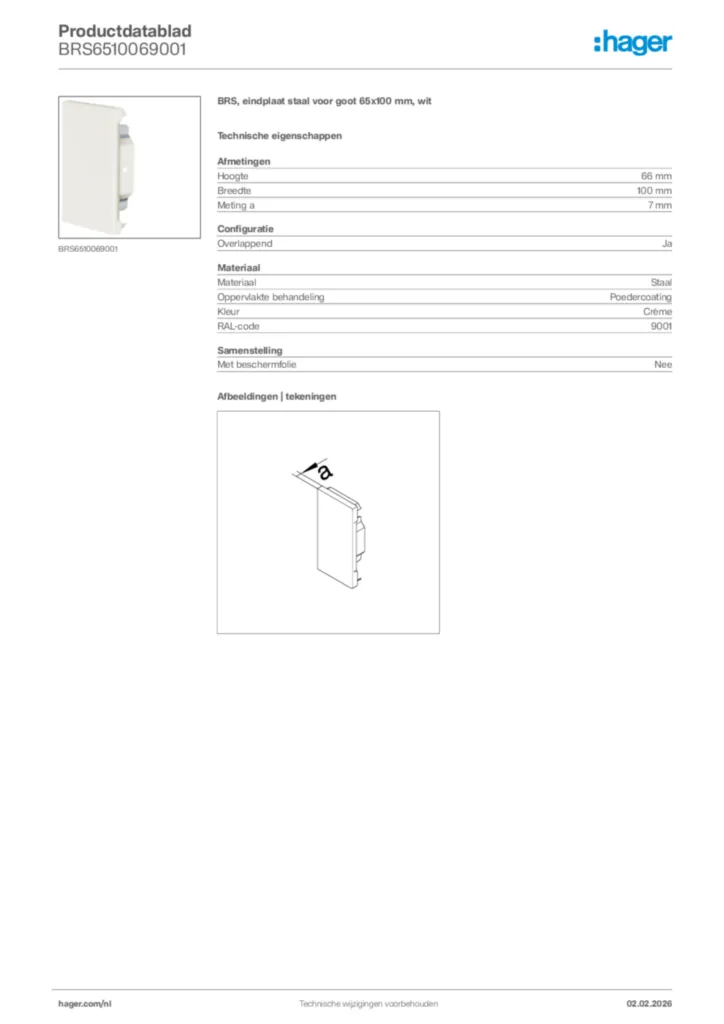 Afbeelding Hager Productdatablad BRS6510069001 | Hager Nederland