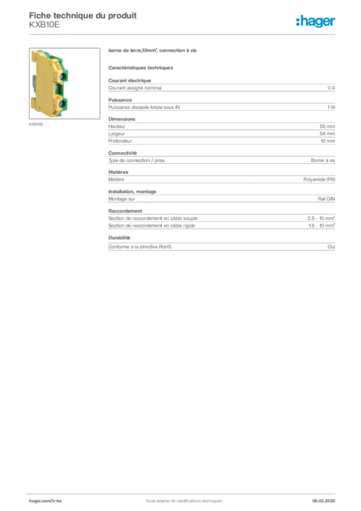Image Hager Fiche technique du produit KXB10E | Hager Belgique