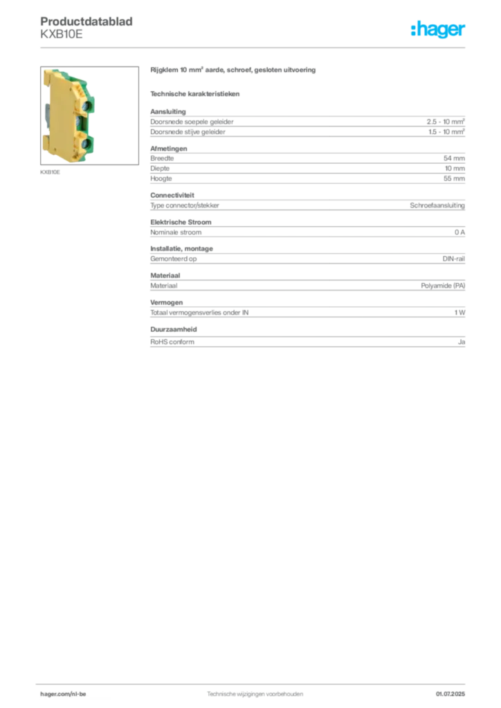 Afbeelding Hager Productdatablad KXB10E | Hager Belgium