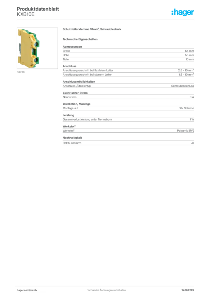 Bild Hager Produktdatenblatt KXB10E | Hager Schweiz