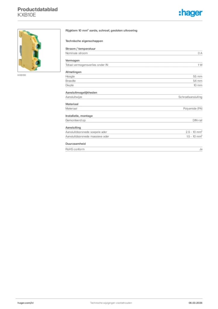 Afbeelding Hager Productdatablad KXB10E | Hager Nederland