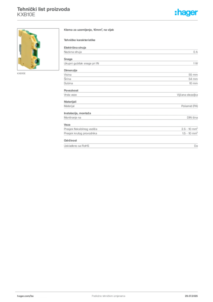 Slika Hager Product data sheet KXB10E  | Hager