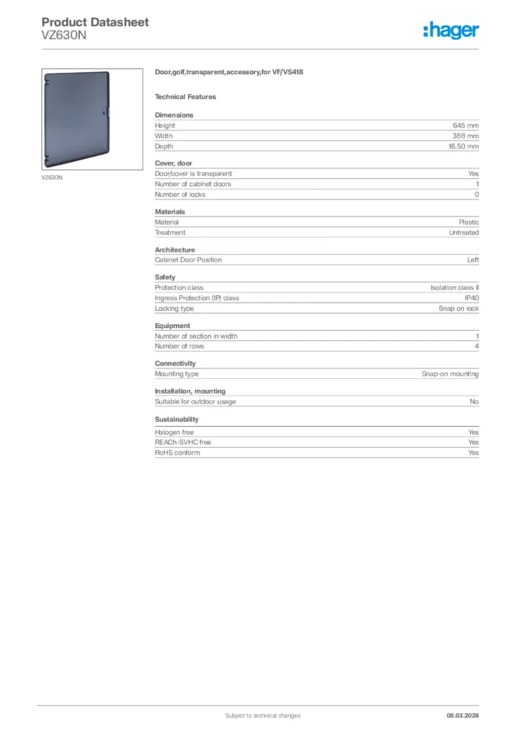 Image Hager Product data sheet VZ630N  | Hager Africa