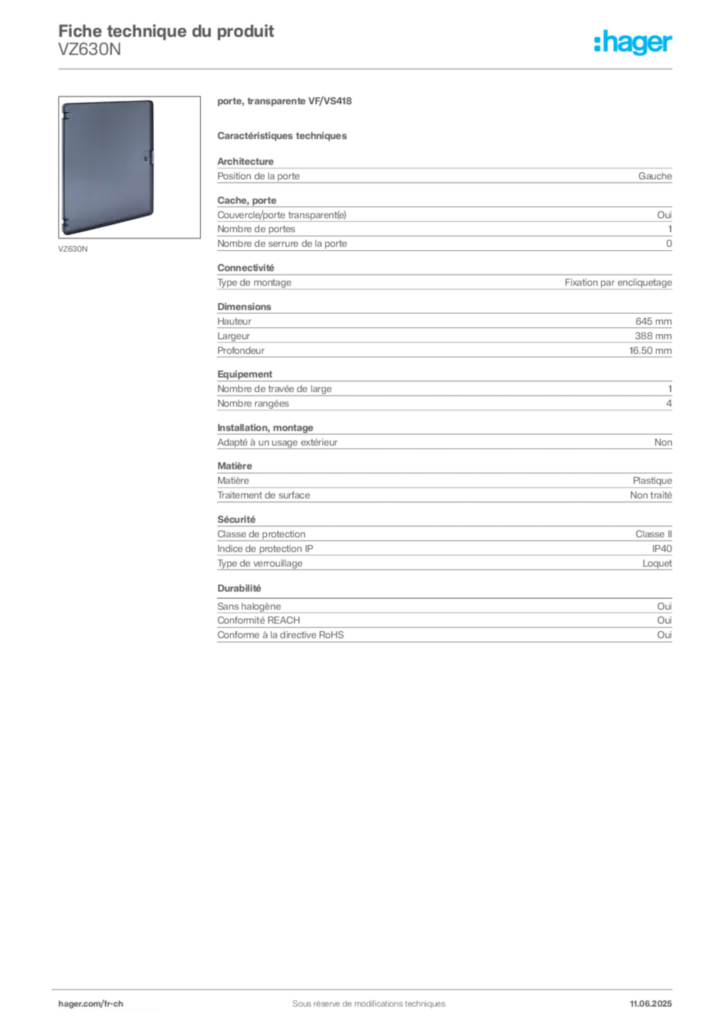 Image Hager Fiche technique du produit VZ630N | Hager Suisse