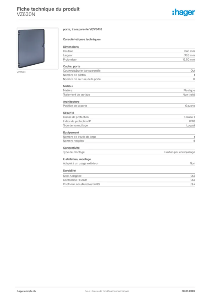 Image Hager Fiche technique du produit VZ630N | Hager Suisse