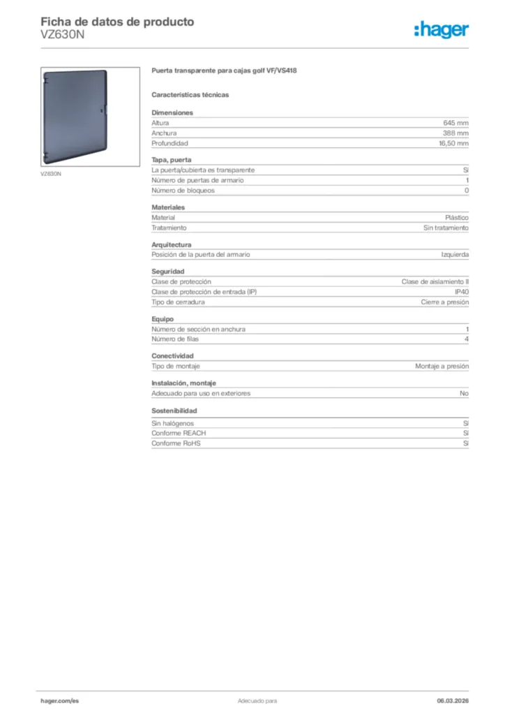 Imagen Hager Ficha de datos de producto VZ630N | Hager España