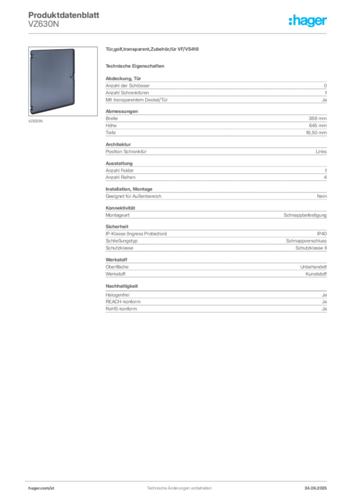 Bild Hager Produktdatenblatt VZ630N | Hager Deutschland