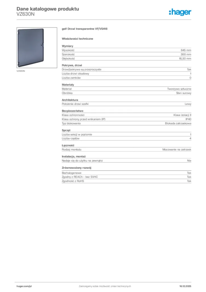 Zdjęcie Hager Karta katalogowa VZ630N | Hager Polska
