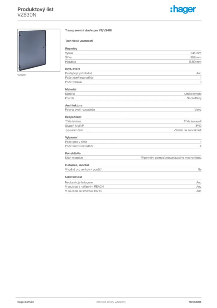 Obrázek Hager Produktový list VZ630N | Hager
