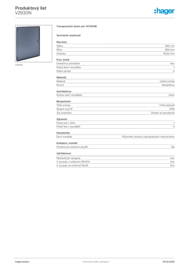 Obrázek Hager Product data sheet VZ630N | Hager