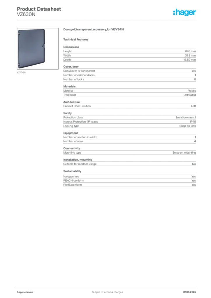 Image Hager Product data sheet VZ630N  | Hager New Zealand