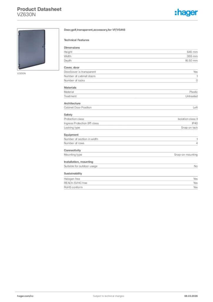 Image Hager Product data sheet VZ630N  | Hager New Zealand