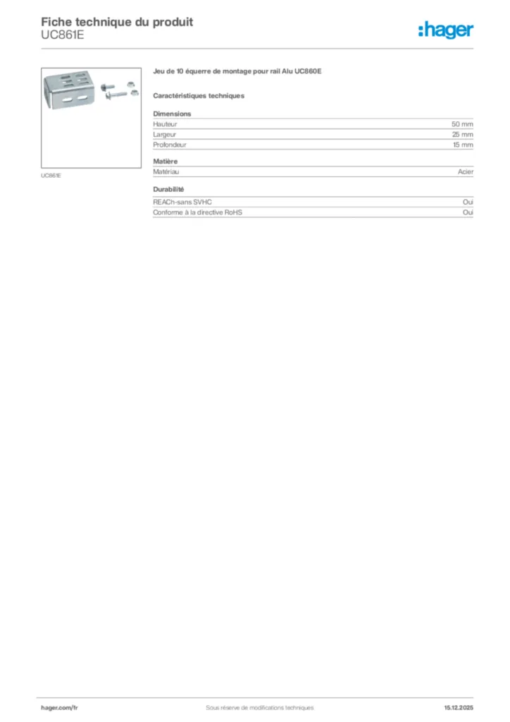 Image Hager Fiche technique du produit UC861E | Hager France