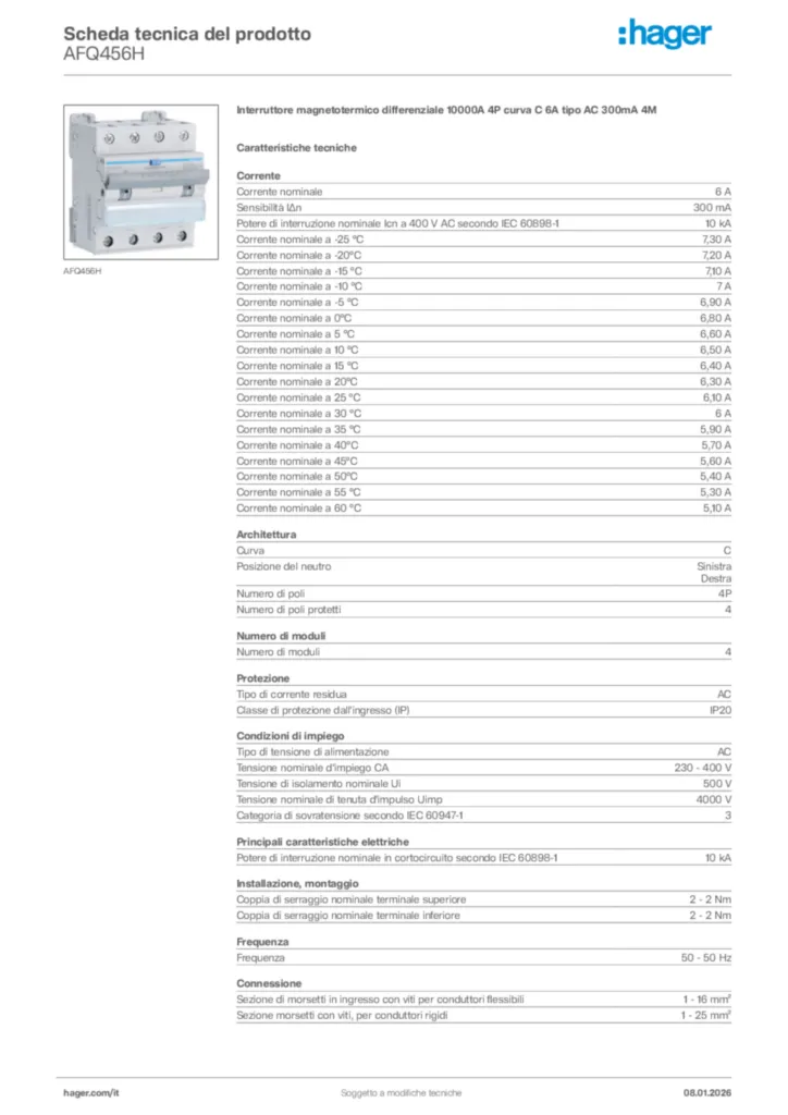 Immagine Hager Scheda tecnica del prodotto AFQ456H | Hager Italia