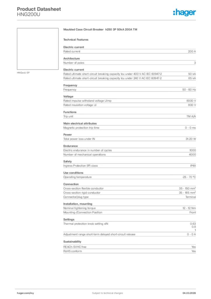 Image Hager Product data sheet HNG200U  | Hager
