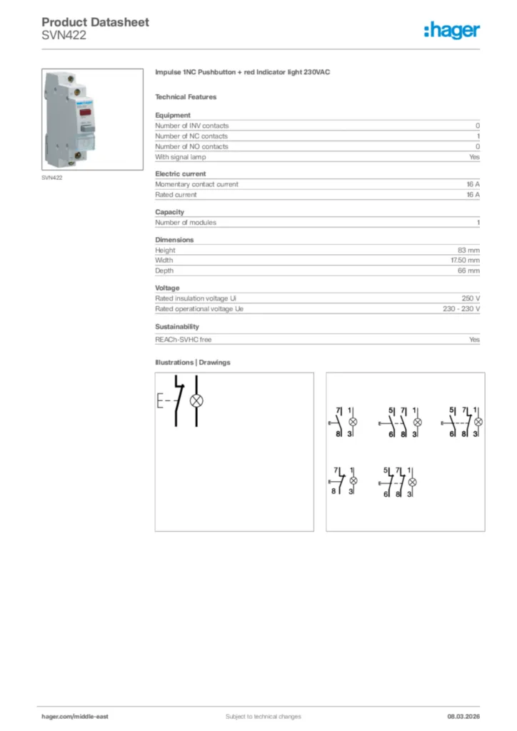 Image Hager Product data sheet SVN422  | Hager