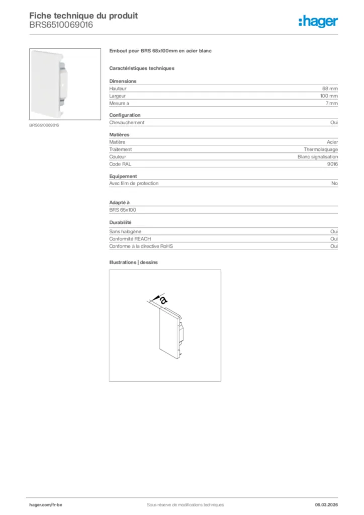 Image Hager Fiche technique du produit BRS6510069016 | Hager Belgique