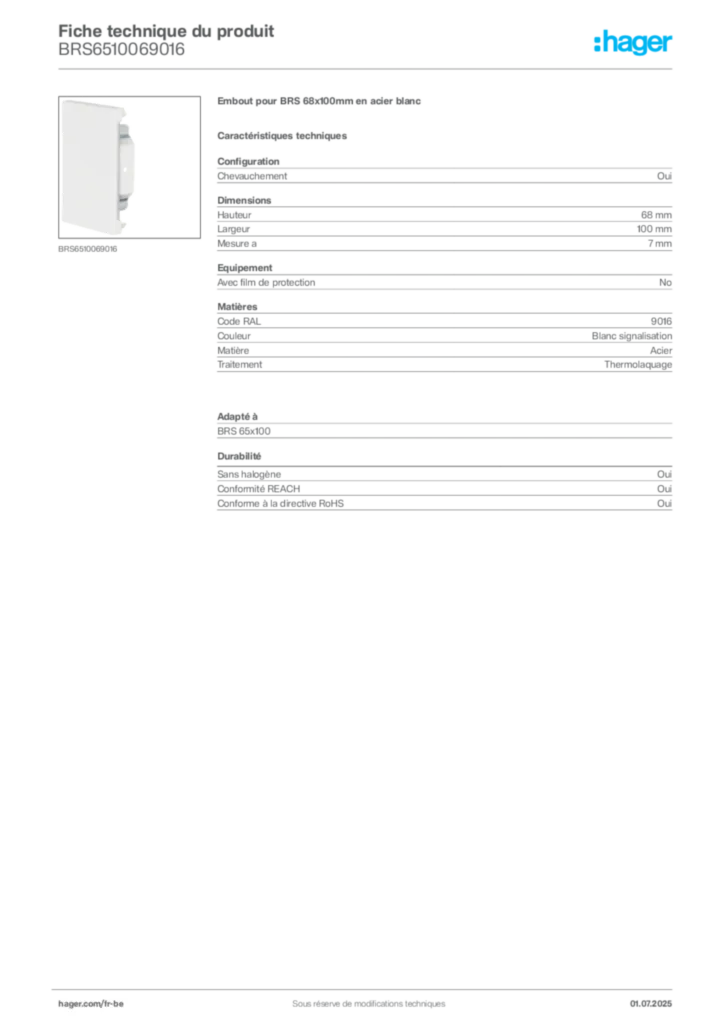 Image Hager Fiche technique du produit BRS6510069016 | Hager Belgique