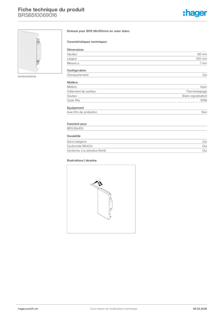 Image Hager Fiche technique du produit BRS6510069016 | Hager Suisse