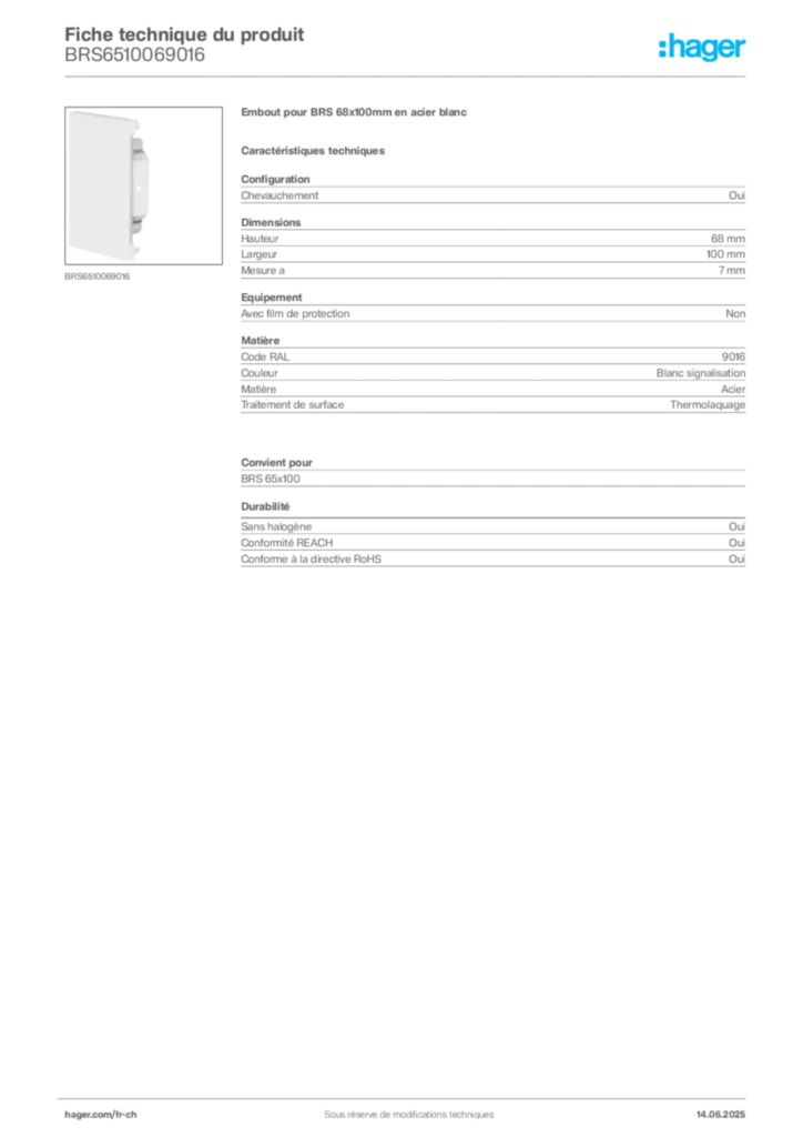 Image Hager Fiche technique du produit BRS6510069016 | Hager Suisse