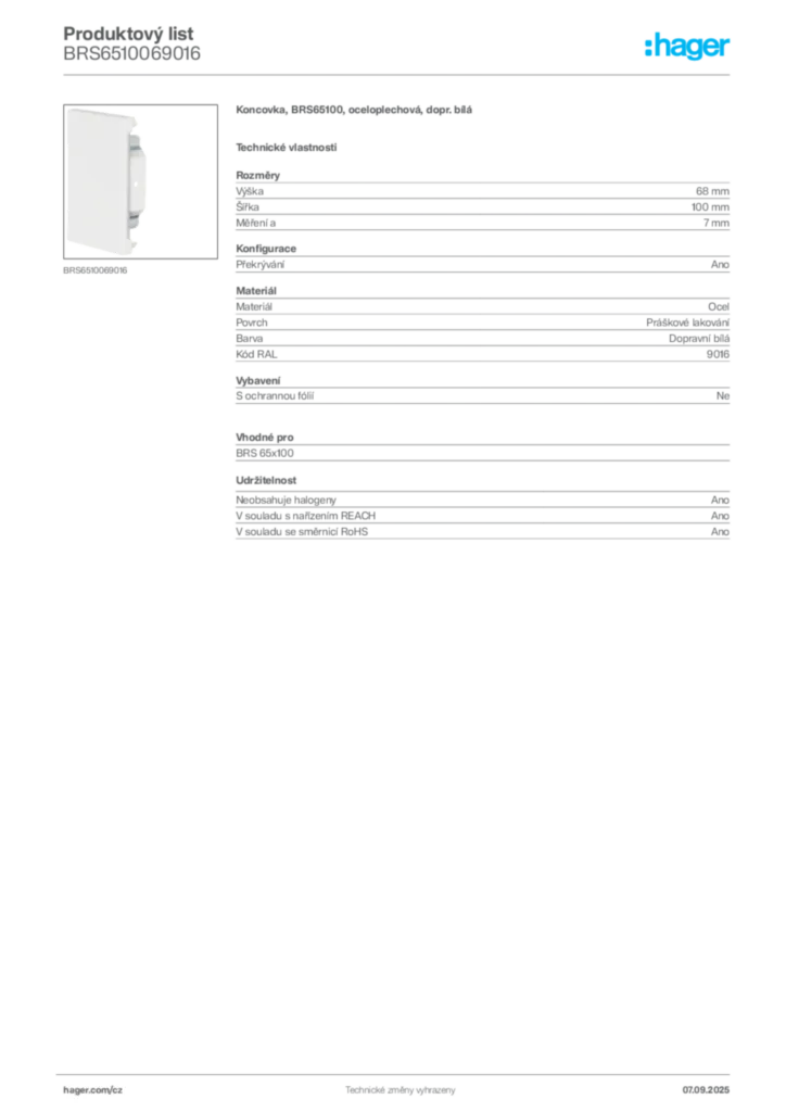 Obrázek Hager Produktový list BRS6510069016 | Hager