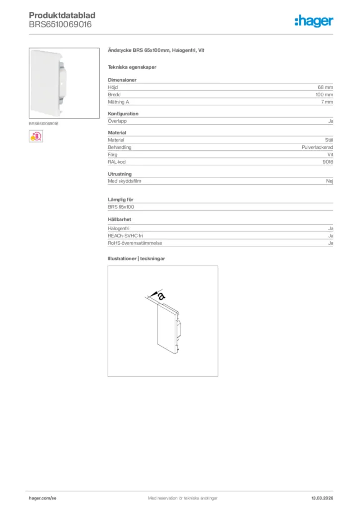 Bild Hager Produktdatablad BRS6510069016 | Hager Sverige